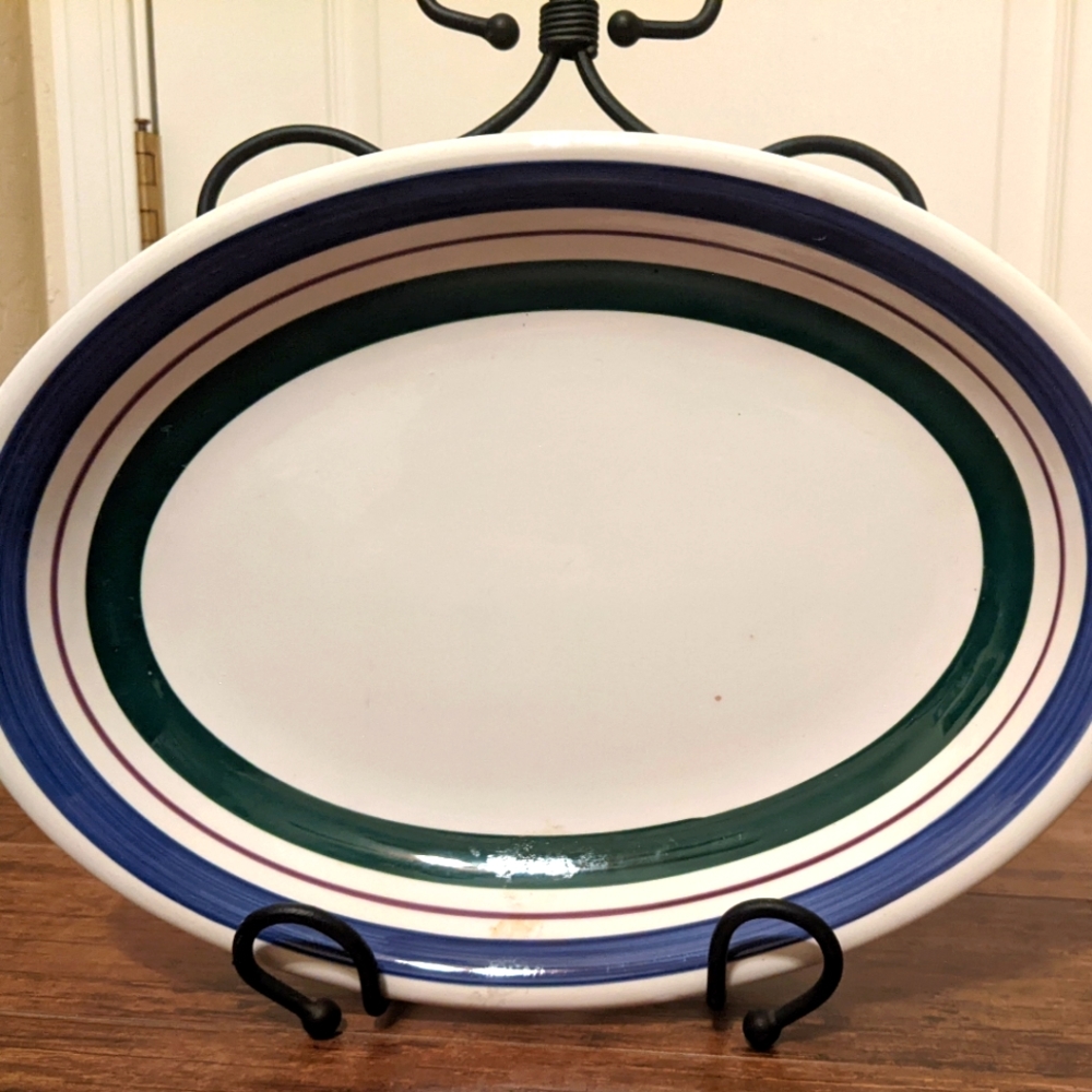 15.75" x 11" Furio Serving Platter Bowl Blue Green Lavender Stripe Italian Italy
